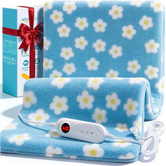 ALLJOY Electric Large Heating Pad for Neck, Back, and Shoulders with 6 Heat Levels & 8 Timers, Auto Shut Off - 24" x 12" - Blue