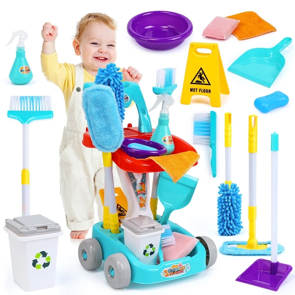 ALLJOY Kids Cleaning Set Toys, 22PCS Pretend Play Housekeeping Supplies Kit Complete Includes Sweeping Broom, Mop, Duster, Dustpan, Brush, Rag, Housekeeping Cart Toys Gift for Kids