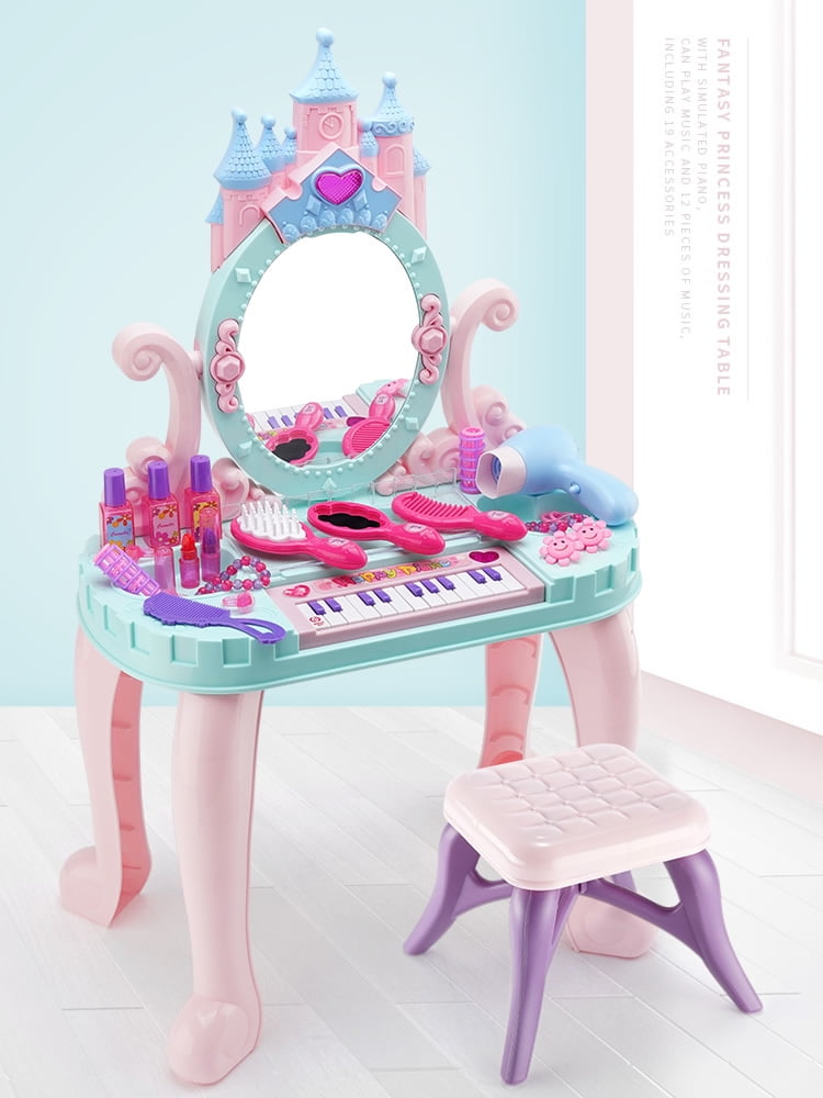 ALLJOY Pretend Play Girls Makeup Table Set with Mirror and Chair, Toddler Kids Girls Vanity with Accessories and Lights and Music for Toddlers 2 3 4 5 Years Old Girls