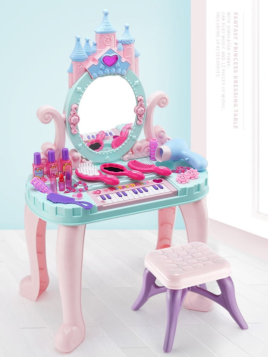 ALLJOY Pretend Play Girls Makeup Table Set with Mirror and Chair, Toddler Kids Girls Vanity with Accessories and Lights and Music for Toddlers 2 3 4 5 Years Old Girls