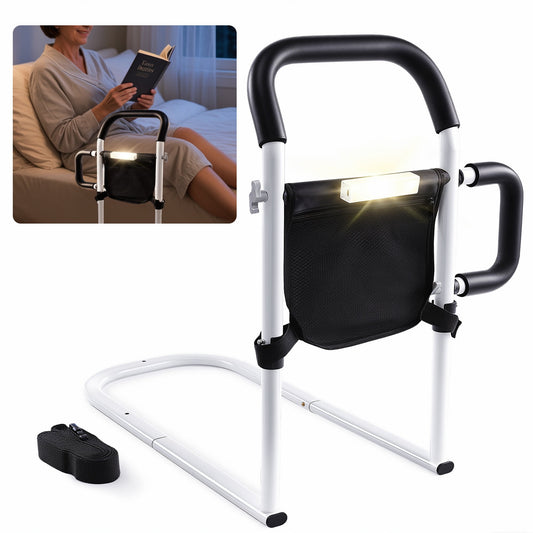 ALLJOY Bed Rails for Elderly Adults - Bed Assist Rail for Seniors with Double Grab Bars, Light, Storage Bag & Fixing Strap, Fits Most Beds