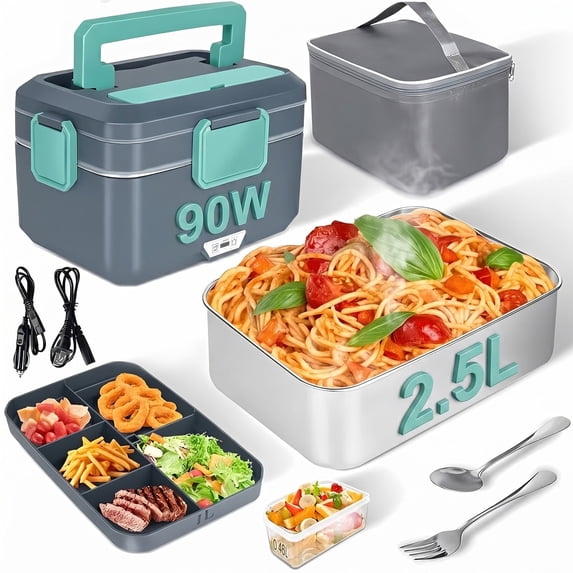 Electric Lunch Box Food Heater Okjoy, 4L 90W Portable Food Warmer, Heated Lunch Box, Lunch Warmer for Adults, 2.5L+1L+0.5L,12V-24V 110V