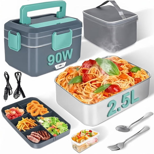 Electric Lunch Box Food Heater Okjoy, 4L 90W Portable Food Warmer, Heated Lunch Box, Lunch Warmer for Adults, 2.5L+1L+0.5L,12V-24V 110V