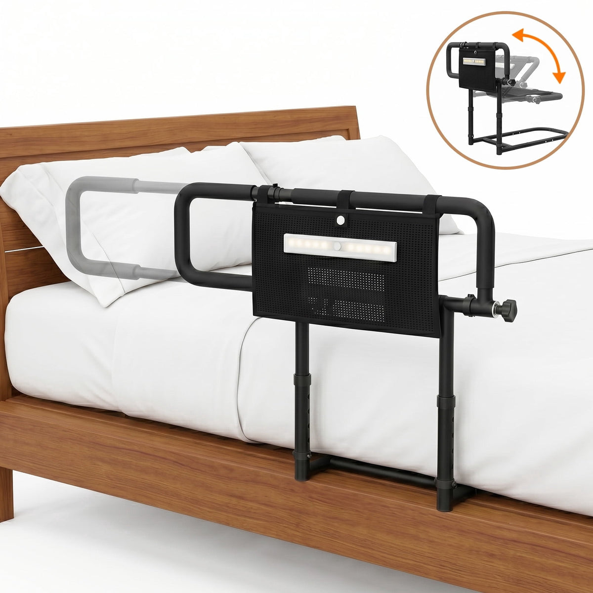 Faine Bed Rails for Elderly Adults Safety- Bed Assist Rail for Seniors with Adjustable Grab Bars, Light, Storage Bag & Fixing Strap, Fits Most Beds