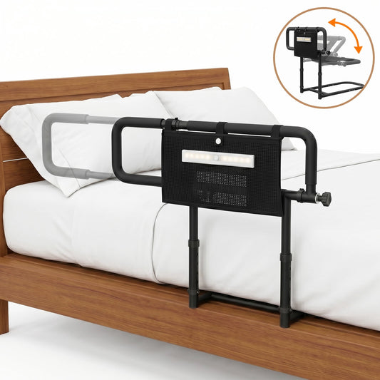 Faine Bed Rails for Elderly Adults Safety- Bed Assist Rail for Seniors with Adjustable Grab Bars, Light, Storage Bag & Fixing Strap, Fits Most Beds