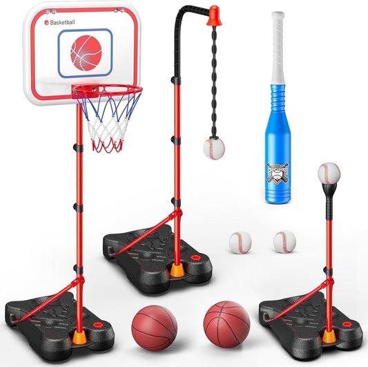 ALLJOY 5 in 1 Kids Basketball Hoop and T Ball Set