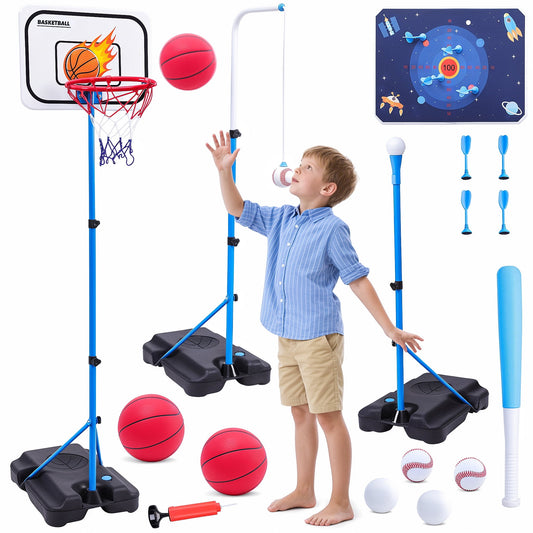 ALLJOY 5 in 1 Kids Basketball Hoop and T Ball Set,Adjustable Basket Ball Stand,Hanging Tee Baseball for Toddlers Boys Girls Ages 3 4 5 6 7 8 9 10 Years Old,Outdoor and Indoor Toys Birthday Gifts