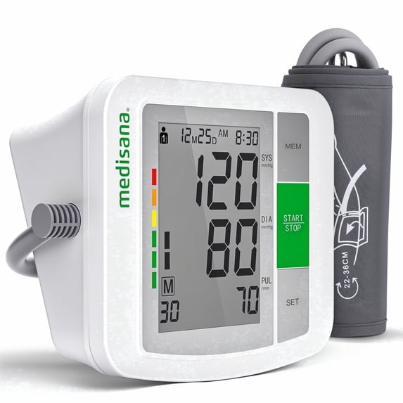 Medisana Blood Pressure Monitor: Automatic Upper Arm Machine Accurate Adjustable Digital BP Cuff Kit for Home Use Includes Batteries, Carrying Case
