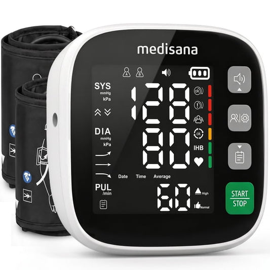 Medisana Blood Pressure Monitor Upper Arm, BP Machine with Large LED Display, Voice Broadcast, Dual User Memory, 2 Cuff Sizes (8.7-12.6 in & 8.7-16.5 in) WHO Indicator