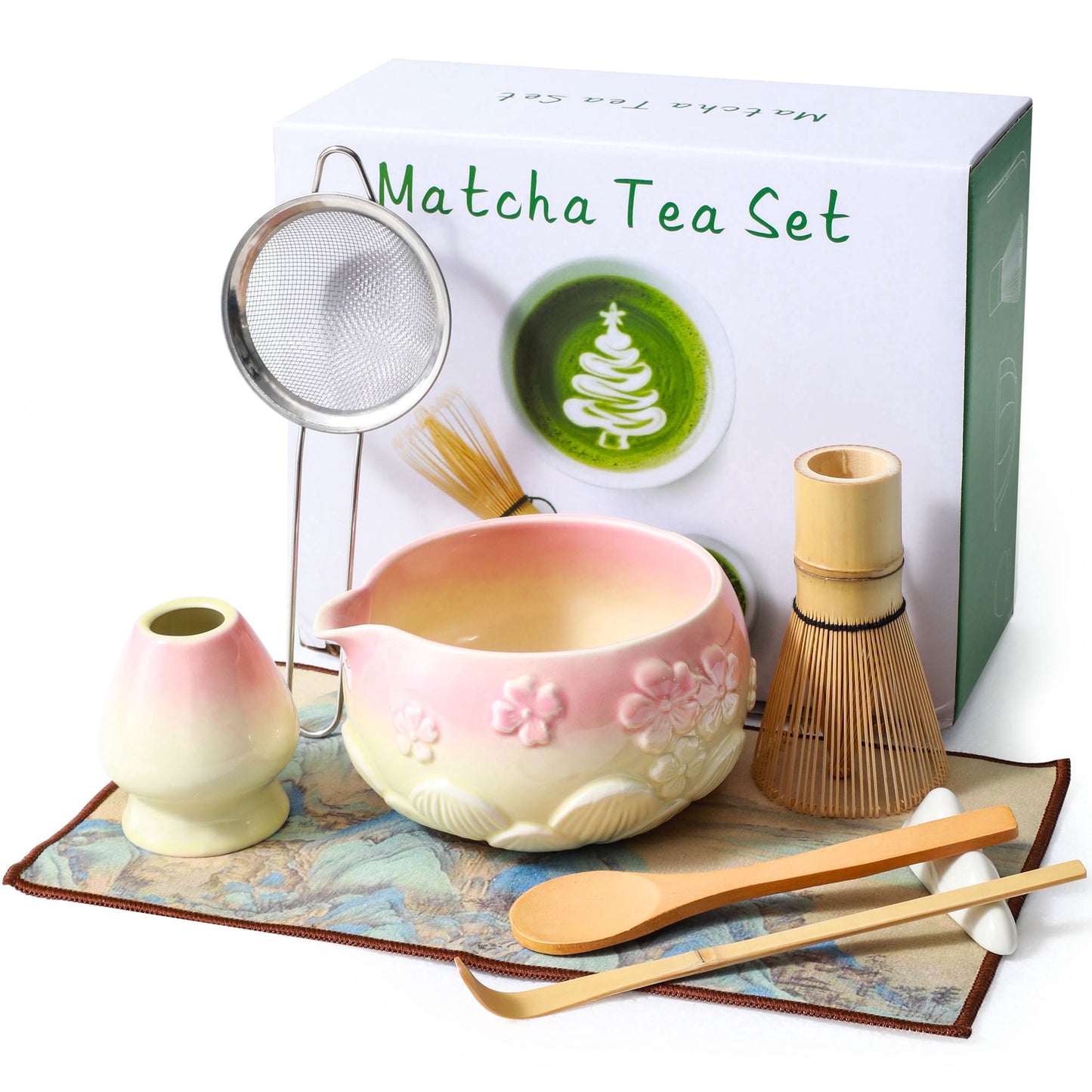 Okjoy Matcha Whisk Set, 8-Piece Ceramic Matcha Making kit with Bamboo Whisk, Bowl, Scoop & Gift Box, Pink