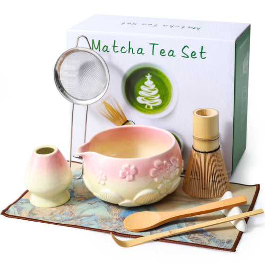 Okjoy Matcha Whisk Set, 8-Piece Ceramic Matcha Making kit with Bamboo Whisk, Bowl, Scoop & Gift Box, Pink