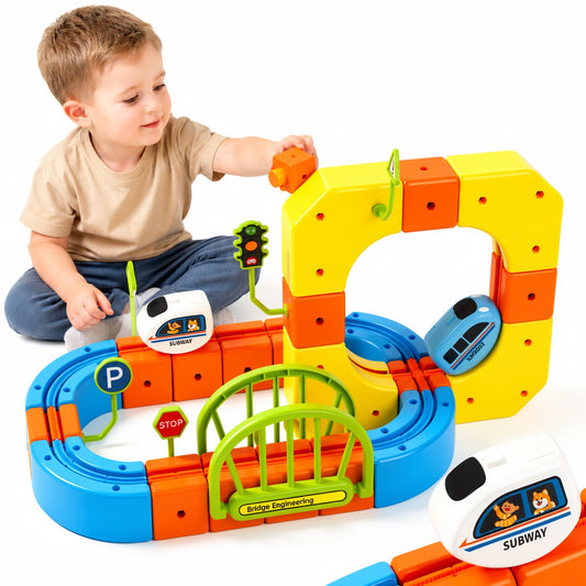 Okjoy Rail Electric Train Set 3D Magic Flexible Race Track, 91 pcs Race Car Track Block with Anti-Gravity, Educational STEM Toy, Birthday Gift for Boys Girls