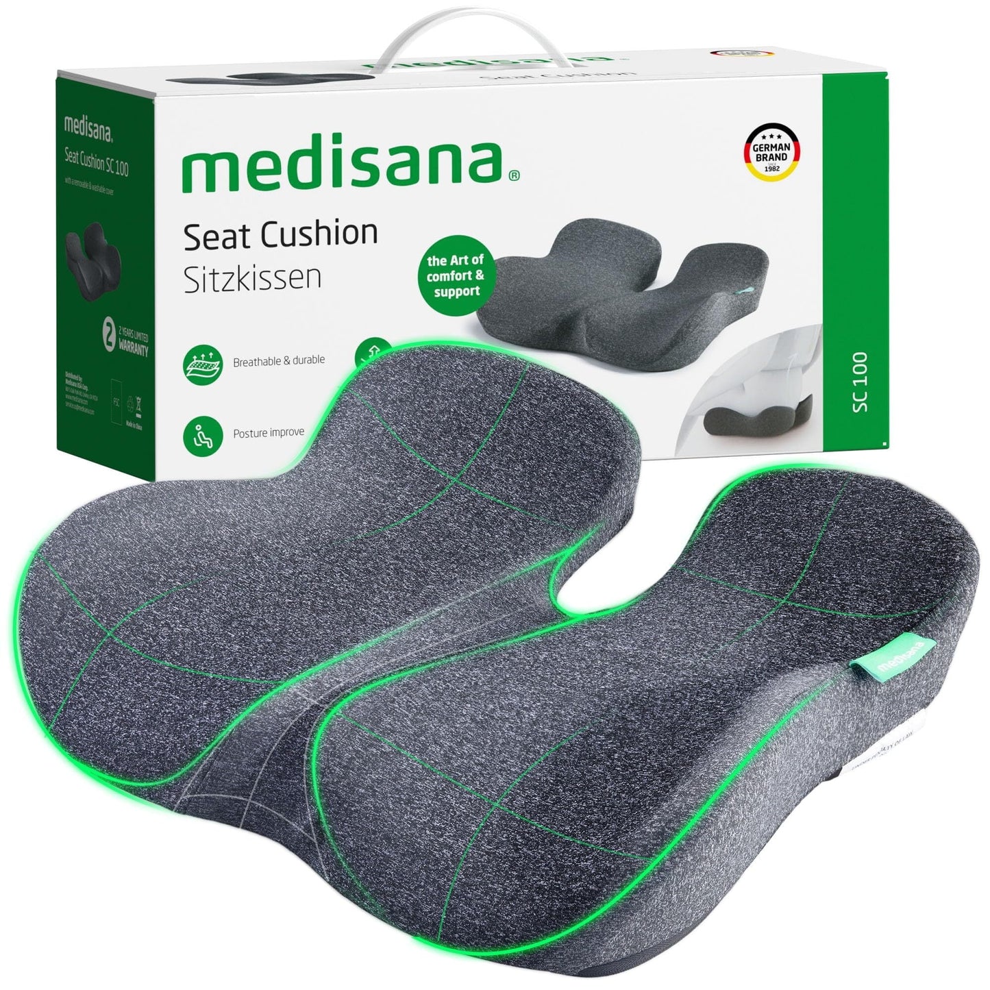 Medisana Memory Foam Seat Cushions for Office Chairs, Car Seat, Wheelchair - Sciatica & Tailbone & Coccyx Pain Relief Pillow for Driver
