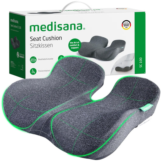 Medisana Memory Foam Seat Cushions for Office Chairs, Car Seat, Wheelchair - Sciatica & Tailbone & Coccyx Pain Relief Pillow for Driver