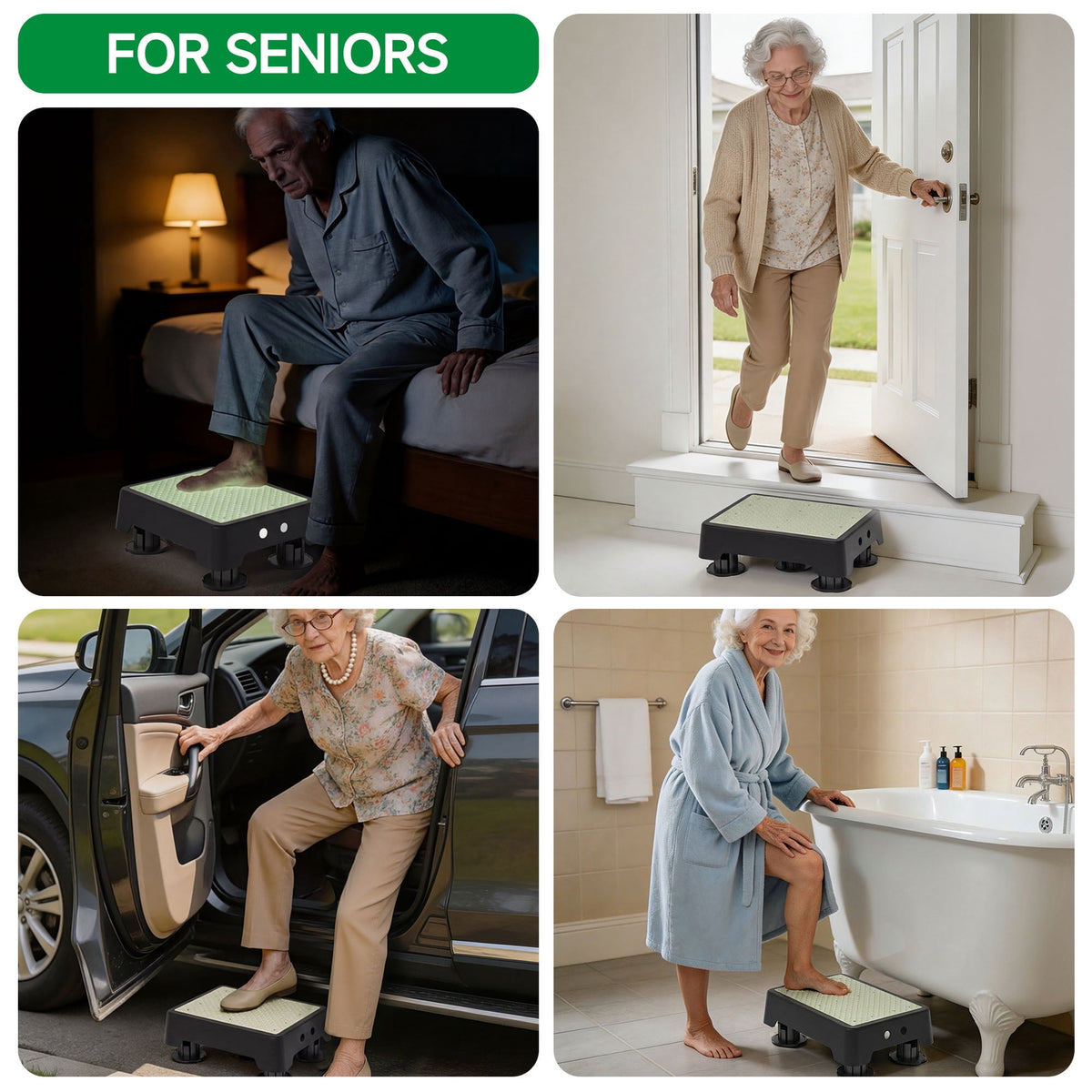 ALLJOY Adjustable Step Stool for Adults, Noctilucent Bed Step Stools, 500 LBS Capacity Non-Slip Safety Step Platform Indoor and Outdoor for Seniors and Kids, Elderly Assistance at Night