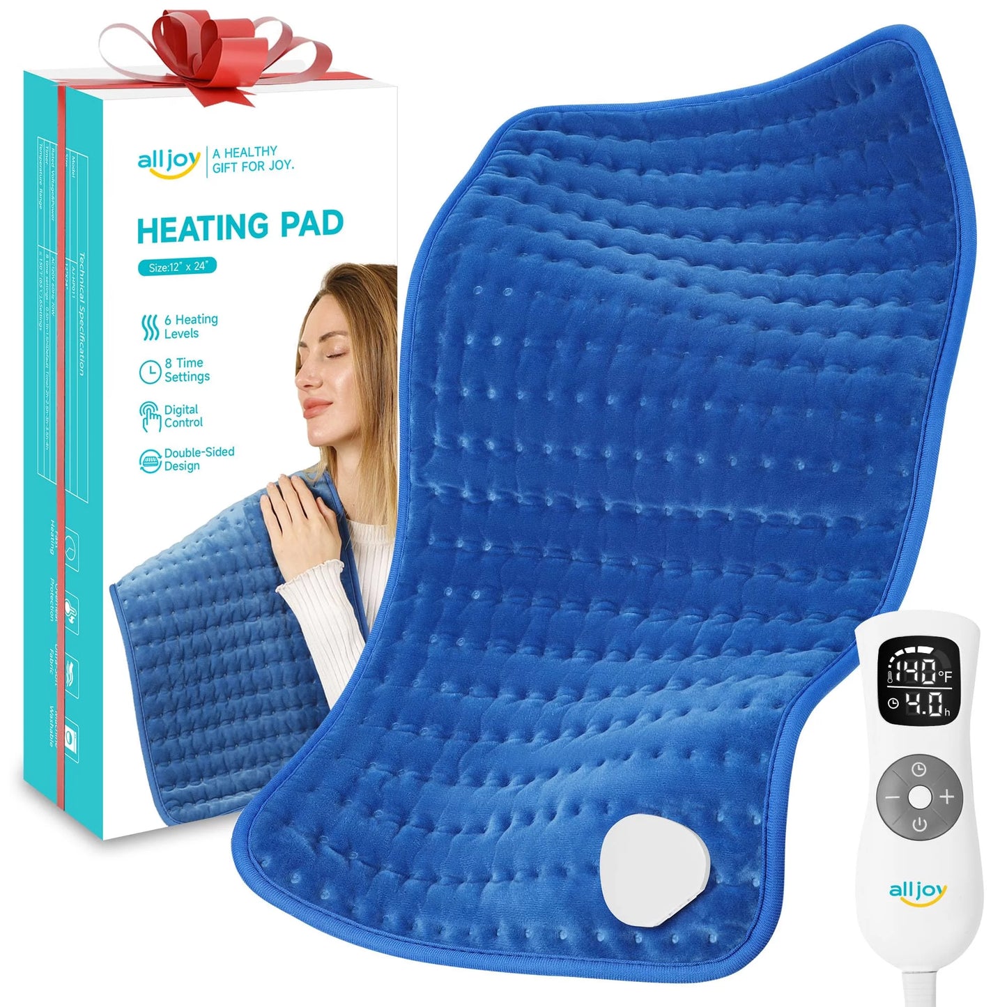 ALLJOY Electric Heating pad for Back/Shoulder/Neck/knee/leg Pain, Cramps and Arthritis Relief, Fast Heating Settings, Auto-Off, Machine Washable, Moist Dry Heat Options, Extra Large 12"x24", Grey