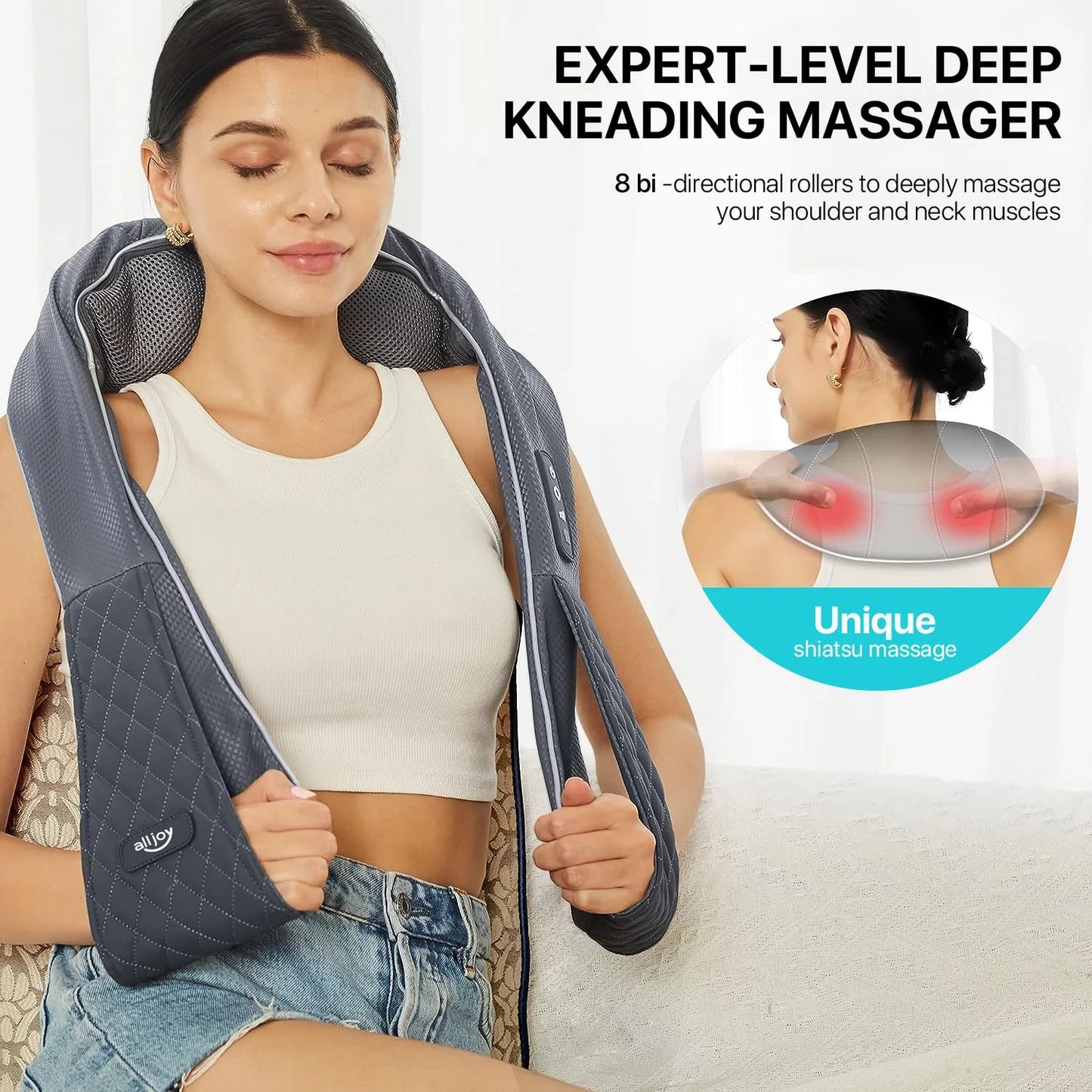 ALLJOY Cordless Neck Massager with Heat, Rechargeable Shiatsu Back Shoulder and Neck Massager Deep 3D Kneading Massager for Muscle Pain Relief, Best Gifts for Women Men Mom Dad
