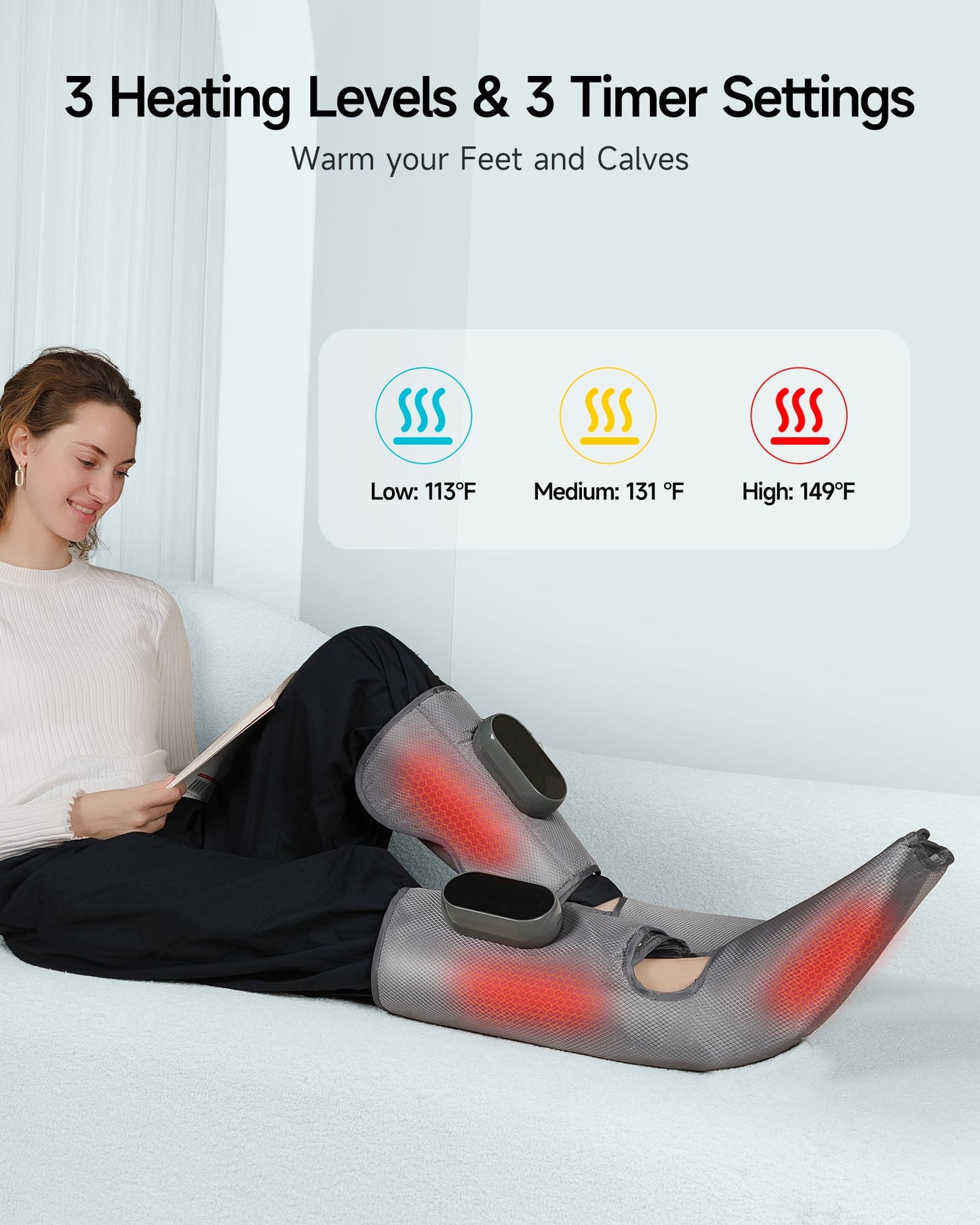 ALLJOY Cordless Leg Massager with Heat, Rechargeable Foot and Calf Massager for Circulation and Pain Relief,6 Modes,3 Intensities,3 Heating Levels,3 Timer Setting, Use at Home, Car, Office - Grey