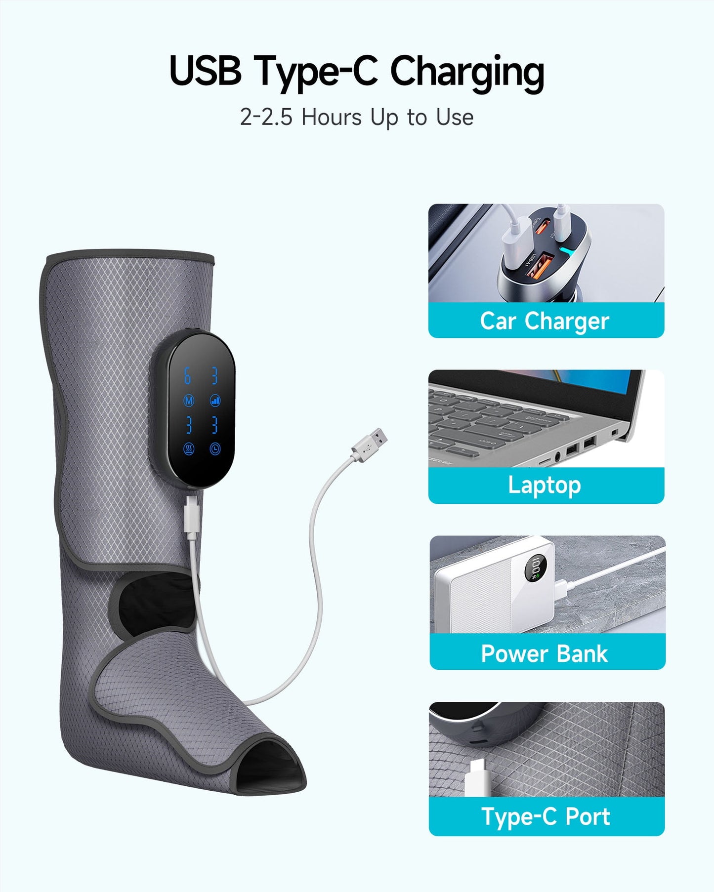 ALLJOY Cordless Leg Massager with Heat, Rechargeable Foot and Calf Massager for Circulation and Pain Relief,6 Modes,3 Intensities,3 Heating Levels,3 Timer Setting, Use at Home, Car, Office - Grey