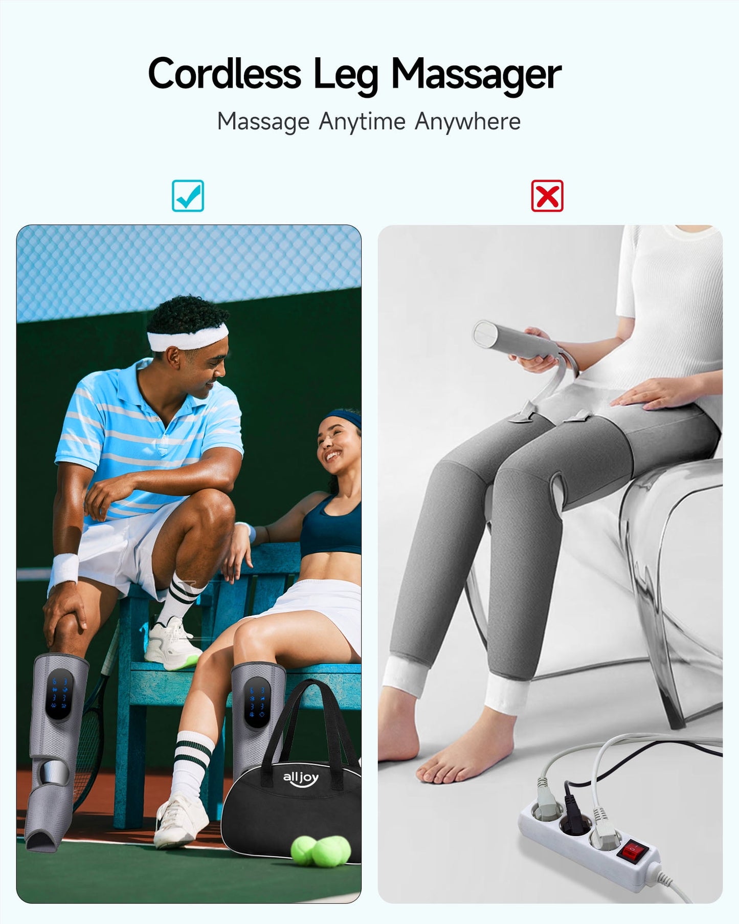 ALLJOY Cordless Leg Massager with Heat, Rechargeable Foot and Calf Massager for Circulation and Pain Relief,6 Modes,3 Intensities,3 Heating Levels,3 Timer Setting, Use at Home, Car, Office - Grey