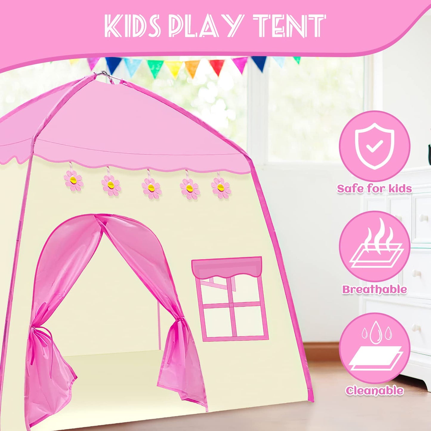 ALLJOY Kids Princess Tents for Girls Toys, Princess Castle Playhouse Tent, Indoor & Outdoor Toys Play Tent for 3+ Year Old Girls Kids Birthday Gift, Imaginative Games