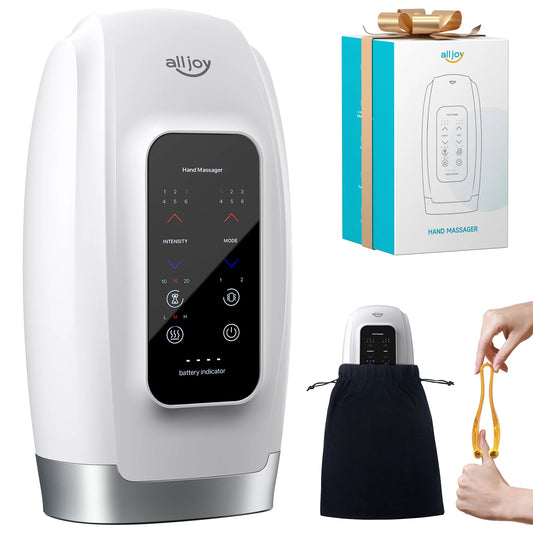 ALLJOY Touchscreen Cordless Hand Massager for Arthritis and Carpal Tunnel Relief, with Compression Vibration and Heat, 6 Levels Pressure Point Therapy, Gifts for Women Men Mom Dad(White)