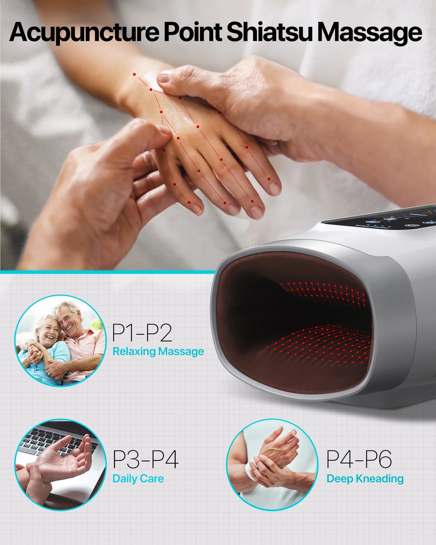 ALLJOY Touchscreen Cordless Hand Massager for Arthritis and Carpal Tunnel Relief, with Compression Vibration and Heat, 6 Levels Pressure Point Therapy, Gifts for Women Men Mom Dad(White)