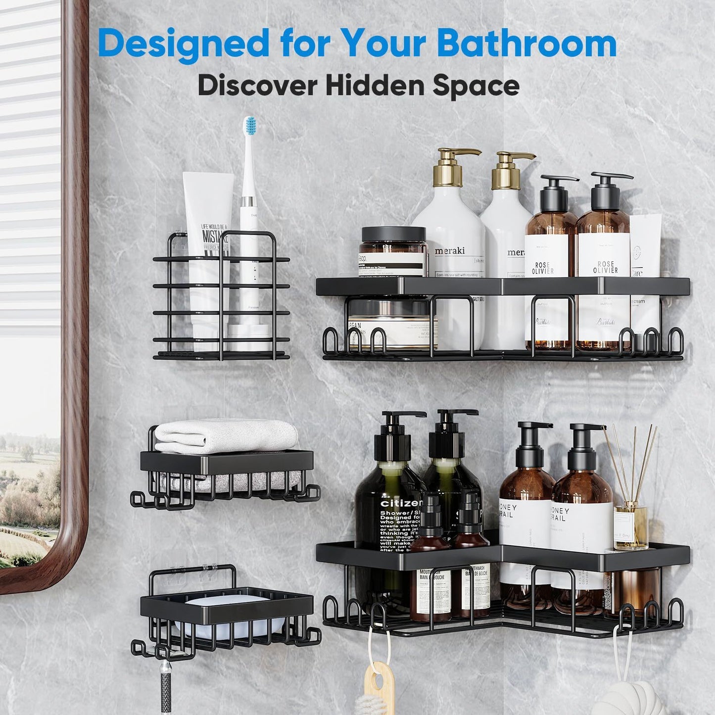 ALLJOY Corner Adhesive Shower Caddy, Rustproof Stainless Steel Bathroom Organizer, No Drilling Wall Mounted Rack, Black, 5-Pack