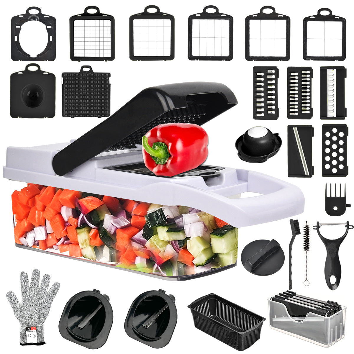 ALLJOY Vegetable Chopper, Manual Vegetable Food Chopper and Dicers,Vegetable Chopper Dicer Cutter Grater Egg Slicer Onion Chopper Multifunction 26 in 1 with Container 12 Blade