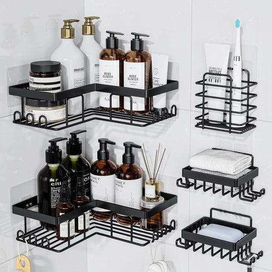 ALLJOY Corner Adhesive Shower Caddy, Rustproof Stainless Steel Bathroom Organizer, No Drilling Wall Mounted Rack, Black, 5-Pack