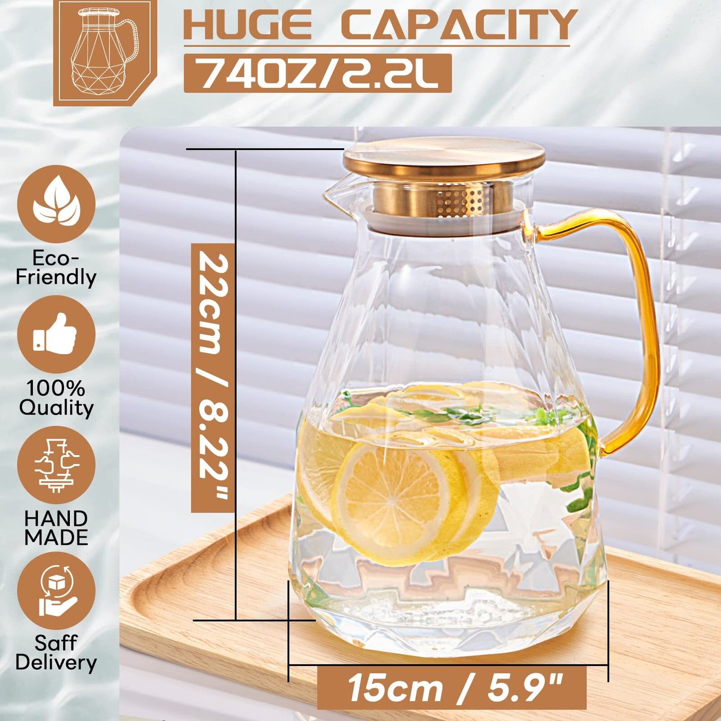 ALLJOY Glass Pitcher,74oz/2.2 Liter Water Pitcher with Lid,Beverage Serveware,Iced Tea Pitcher,Water Carafe Handle,Heat Resistant Borosilicate Jug