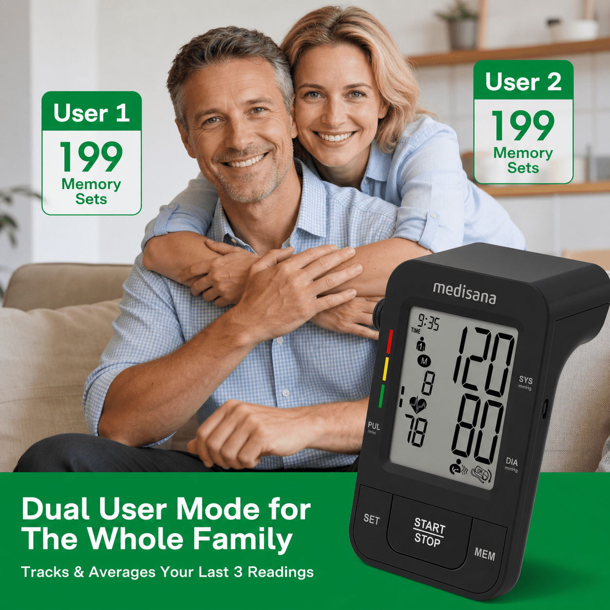 Medisana Blood Pressure Monitor with 2x199 Sets Memory, Automatic Upper Arm Blood Pressure Monitors for Home Use, LCD Digital Display, Adjustable Large Cuff