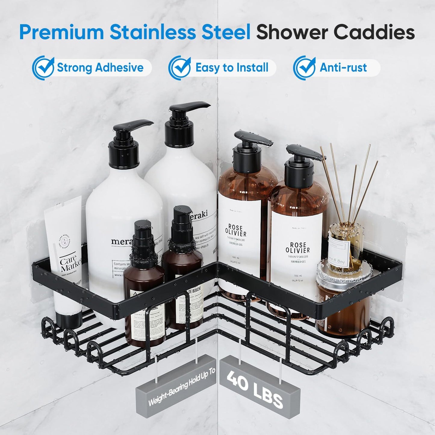ALLJOY Corner Adhesive Shower Caddy, Rustproof Stainless Steel Bathroom Organizer, No Drilling Wall Mounted Rack, Black, 5-Pack
