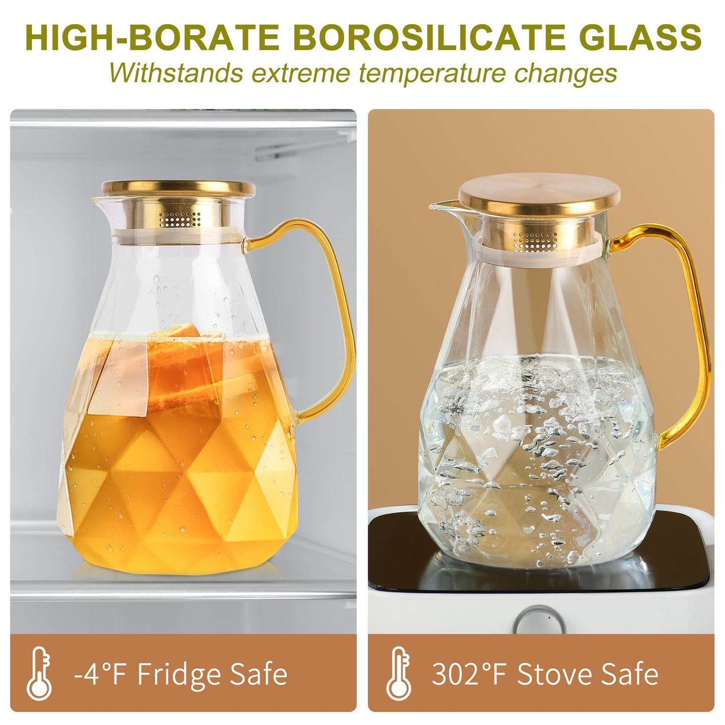 ALLJOY Glass Pitcher,74oz/2.2 Liter Water Pitcher with Lid,Beverage Serveware,Iced Tea Pitcher,Water Carafe Handle,Heat Resistant Borosilicate Jug