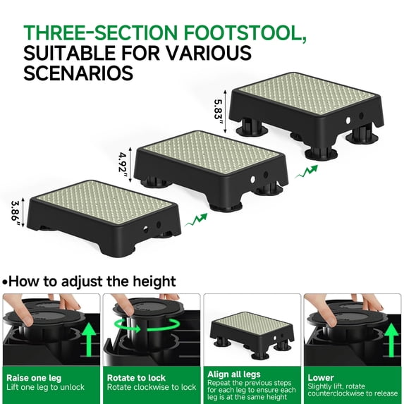ALLJOY Adjustable Step Stool for Adults, Noctilucent Bed Step Stools, 500 LBS Capacity Non-Slip Safety Step Platform Indoor and Outdoor for Seniors and Kids, Elderly Assistance at Night