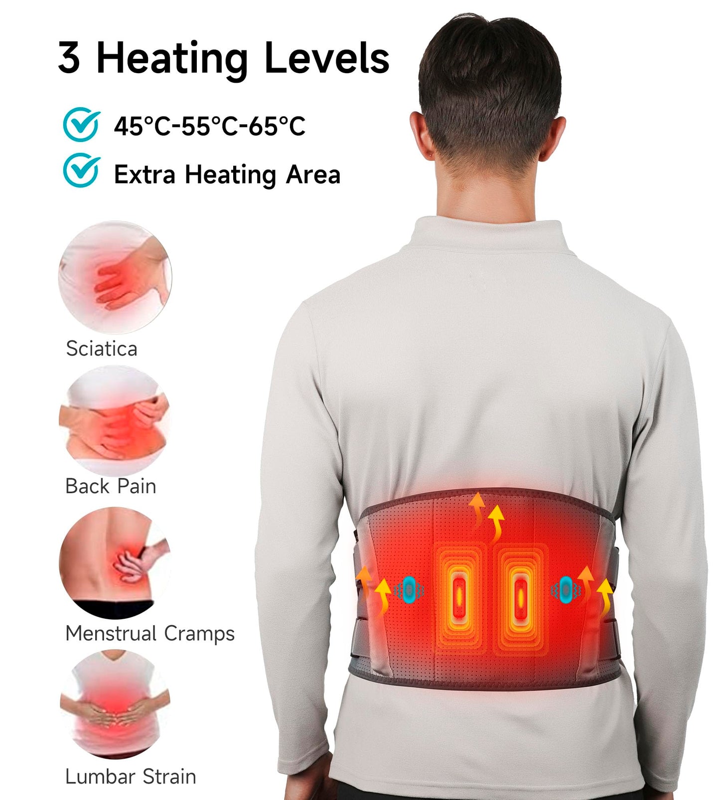 ALLJOY Cordless Heating Pad for Back, 60" Lower Back Massager Heating Pad for Back Pain Relief, Portable Heating Pad Heated Back Support Brace with 3 Heating Levels 5 Vibration Massage Grey