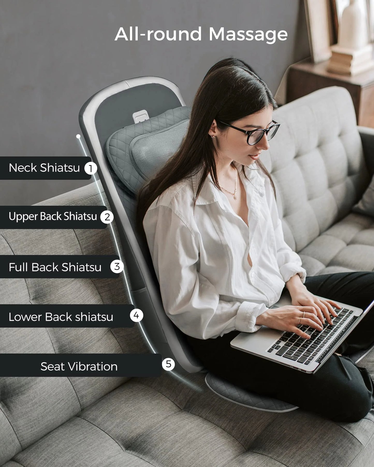 ALLJOY Back Chair Massager Pad, Shiatsu Kneading Office Chair Back Massager, Back Massager Cushion for Chair with Heat & Adjustable Vibration for Full Back, Neck & Shoulder, Gifts for Women and Men