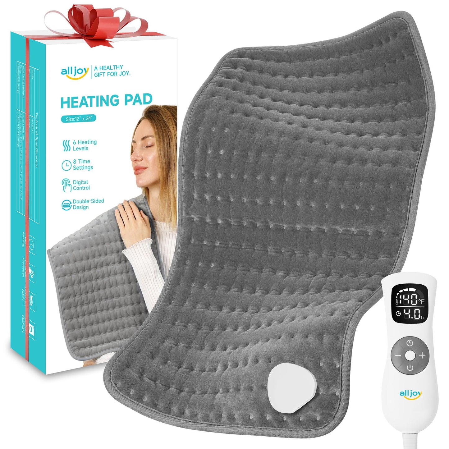 ALLJOY Electric Heating pad for Back/Shoulder/Neck/knee/leg Pain, Cramps and Arthritis Relief, Fast Heating Settings, Auto-Off, Machine Washable, Moist Dry Heat Options, Extra Large 12"x24", Grey