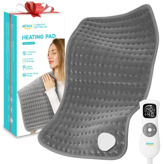 ALLJOY Electric Heating pad for Back/Shoulder/Neck/knee/leg Pain, Cramps and Arthritis Relief, Fast Heating Settings, Auto-Off, Machine Washable, Moist Dry Heat Options, Extra Large 12"x24", Grey
