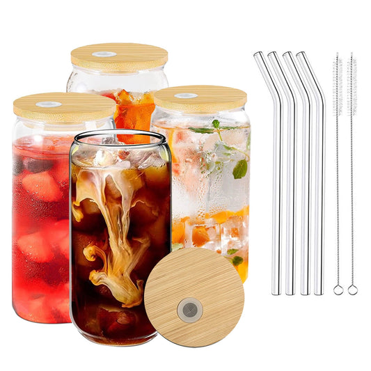 ALLJOY Glass Cups with Lids and Straws, 16 oz