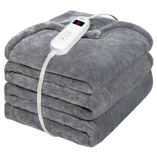 ALLJOY Electric Heated Blanket Throw 50" x 60" Super Cozy Flannel 10 Heating Levels & 4 Timer Settings Auto-off, Fast Heating & Machine Washable - Grey