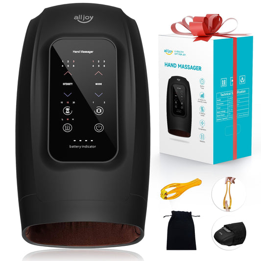 ALLJOY Hand Massager for Arthritis and Carpal Tunnel Relief, Touchscreen Cordless Hand Massager with Compression Vibration and Heat, 6 Levels Pressure Point Therapy, Ideal Gifts for Women Men Mom Dad